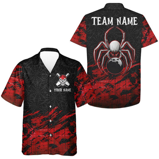 Custom Hawaiian Bowling ShirtsRed And Black Spider Halloween Bowling Button Down Shirts, Bowling Team Hawaiian