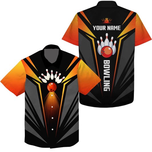 Custom Hawaiian Bowling Shirtsbowling Ball And Pins Team Shirt, Black Orange Bowl Shirts, Bowling Team Hawaiian