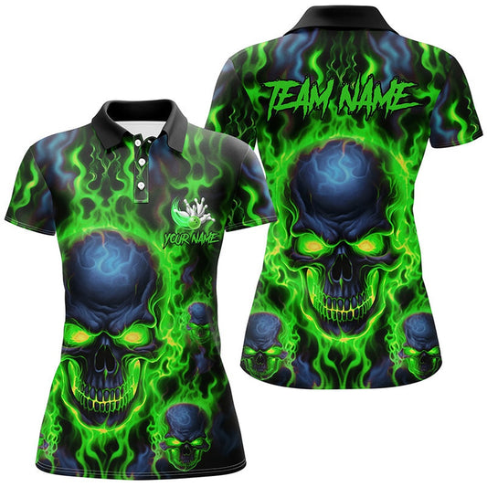 Custom Ladies Bowling Polo Shirts Green Flame Skull Team Bowling Polo Halloween Outfits, Bowling Team Shirts