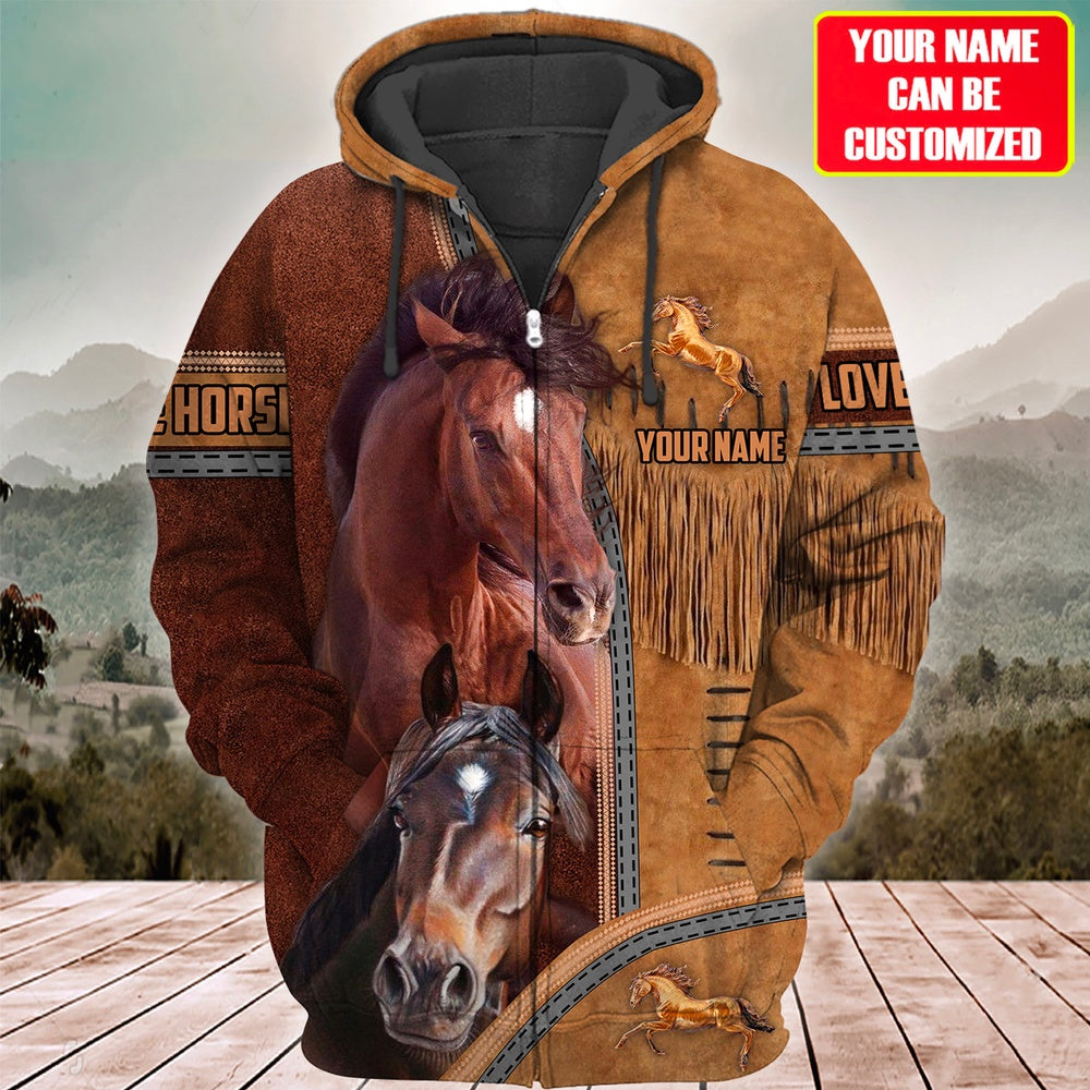 Custom Name 2 Brown Horses Lovers 3D Hoodie, Farmer Hoodie, Custom Farm Shirts, Farmer T Shirt