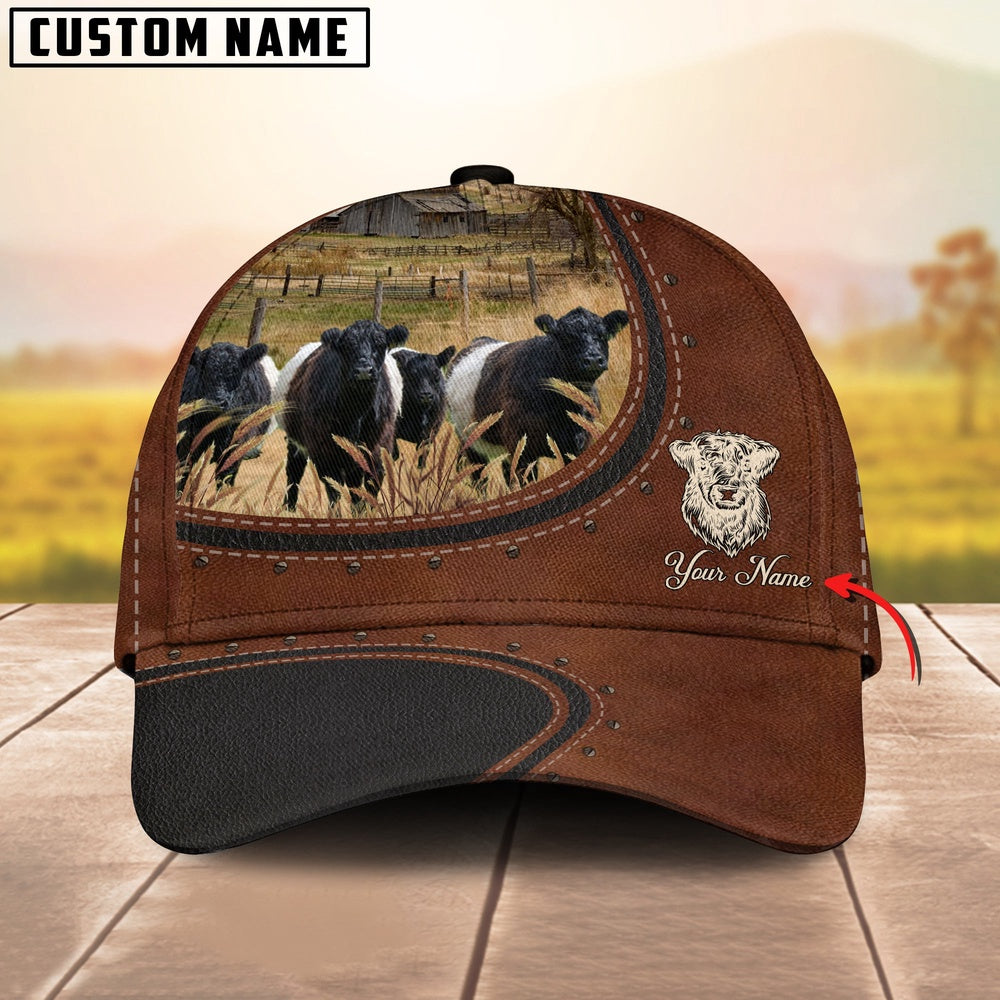 Custom Name And Belted Galloway Cows Leather Pattern Classic Cap, Farmer Cap, Vintage Farmer Hat, Mens Farmer Hats, Cap For Farmers