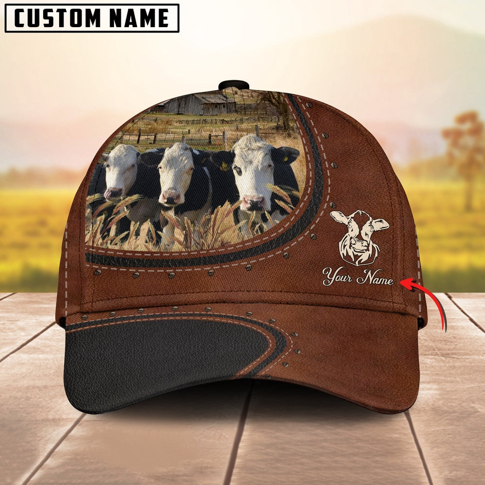 Custom Name And Black Baldy Cows Leather Pattern Classic Cap, Farmer Cap, Vintage Farmer Hat, Mens Farmer Hats, Cap For Farmers