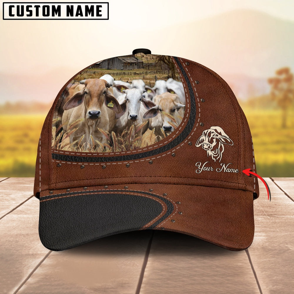 Custom Name And Brahman Cows Leather Pattern Classic Cap, Farmer Cap, Vintage Farmer Hat, Mens Farmer Hats, Cap For Farmers