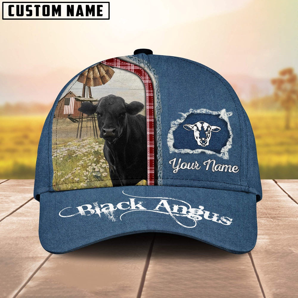Custom Name And Cattle Breeds Black Angus Jean Pattern Classic Cap, Farmer Cap, Vintage Farmer Hat, Mens Farmer Hats, Cap For Farmers
