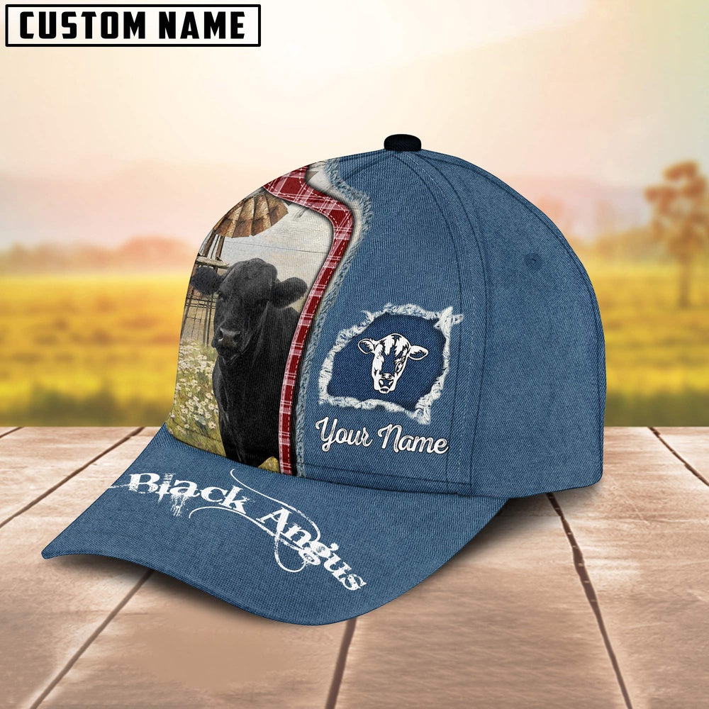 Custom Name And Cattle Breeds Black Angus Jean Pattern Classic Cap, Farmer Cap, Vintage Farmer Hat, Mens Farmer Hats, Cap For Farmers