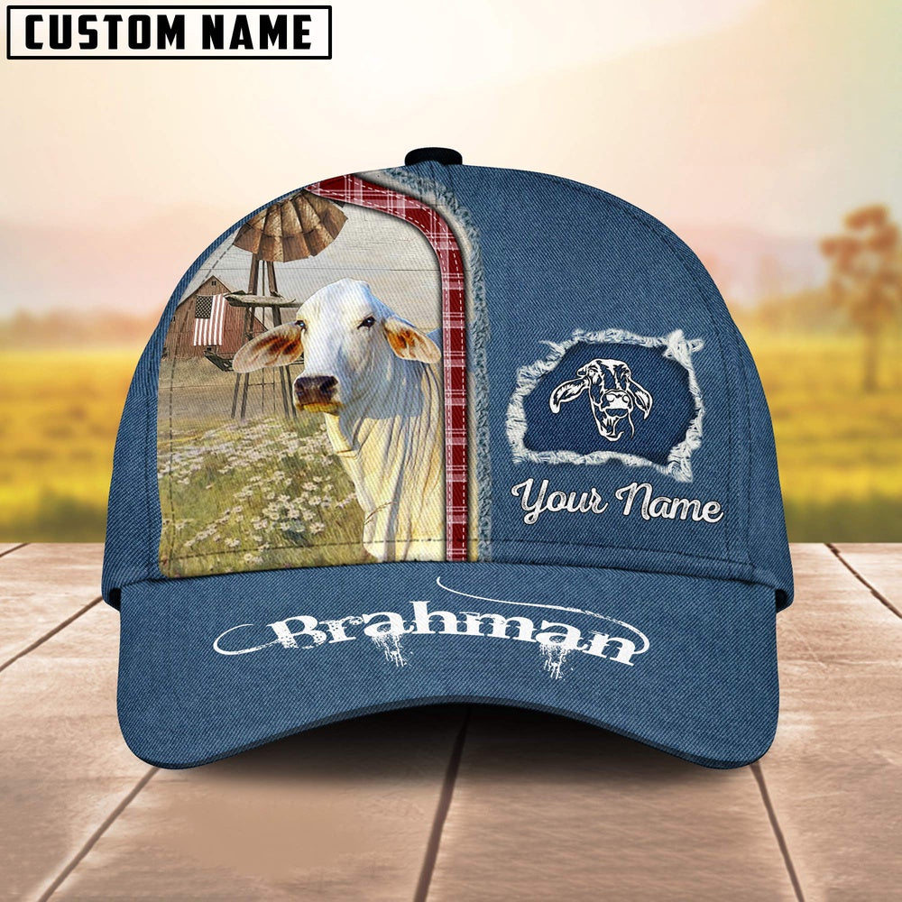 Custom Name And Cattle Breeds Brahman Jean Pattern Classic Cap, Farmer Cap, Vintage Farmer Hat, Mens Farmer Hats, Cap For Farmers