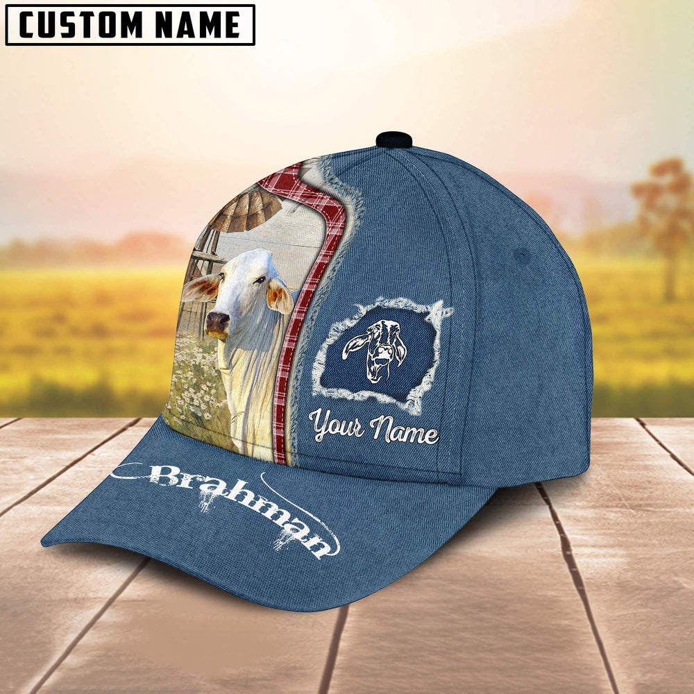 Custom Name And Cattle Breeds Brahman Jean Pattern Classic Cap, Farmer Cap, Vintage Farmer Hat, Mens Farmer Hats, Cap For Farmers