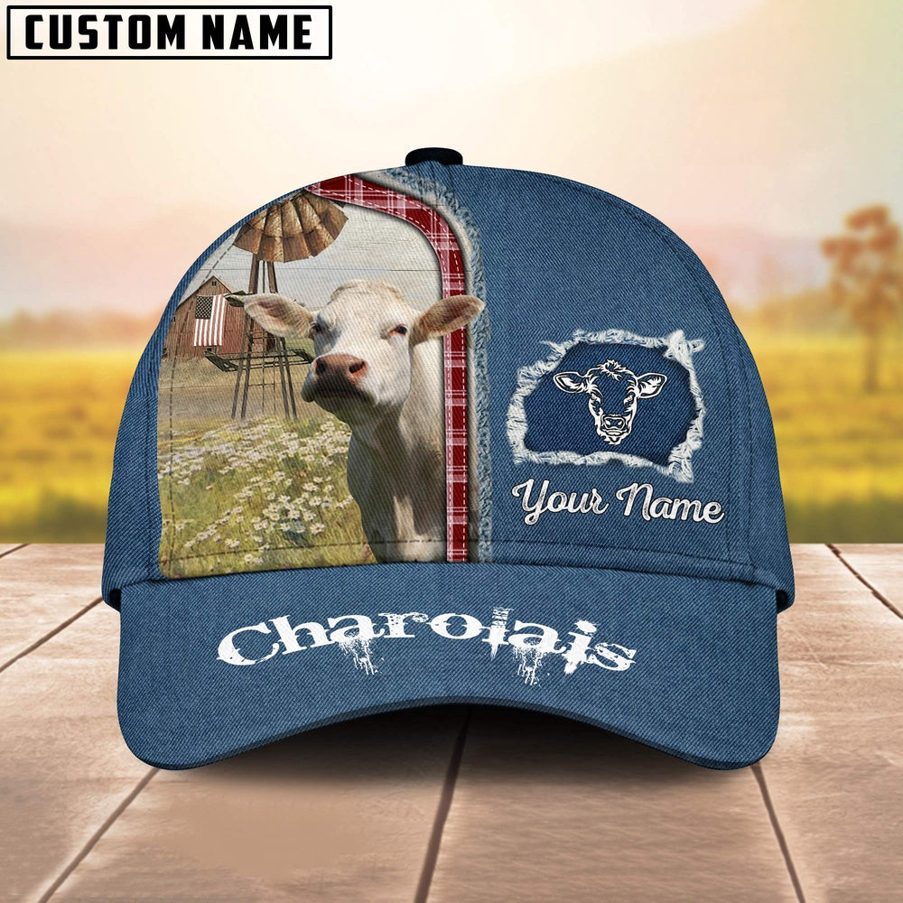 Custom Name And Cattle Breeds Charolais Jean Pattern Classic Cap, Farmer Cap, Vintage Farmer Hat, Mens Farmer Hats, Cap For Farmers