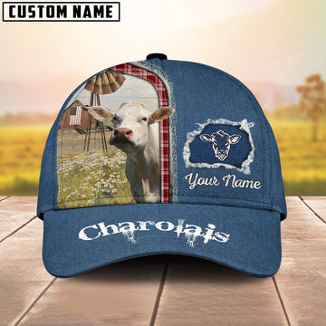 Custom Name And Cattle Breeds Charolais Jean Pattern Classic Cap, Farmer Cap, Vintage Farmer Hat, Mens Farmer Hats, Cap For Farmers
