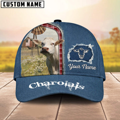 Custom Name And Cattle Breeds Charolais Jean Pattern Classic Cap, Farmer Cap, Vintage Farmer Hat, Mens Farmer Hats, Cap For Farmers