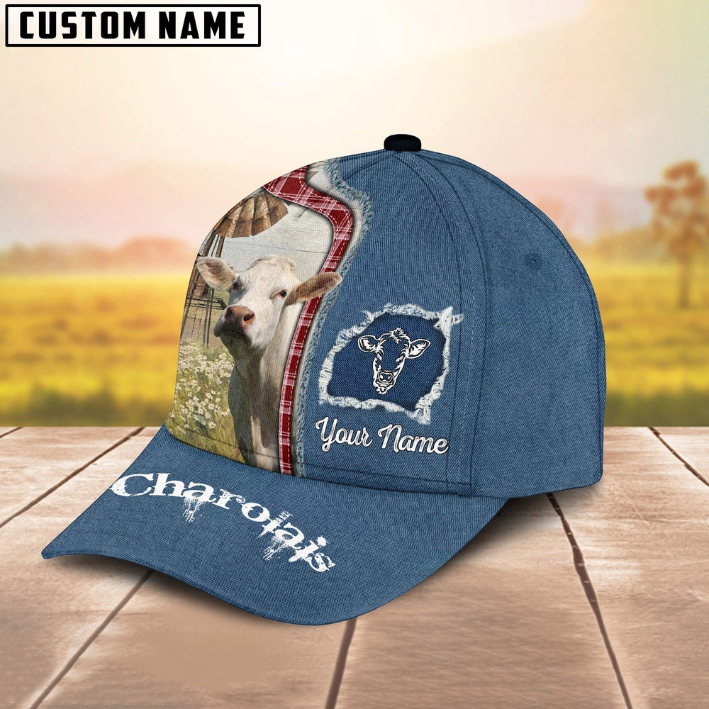 Custom Name And Cattle Breeds Charolais Jean Pattern Classic Cap, Farmer Cap, Vintage Farmer Hat, Mens Farmer Hats, Cap For Farmers