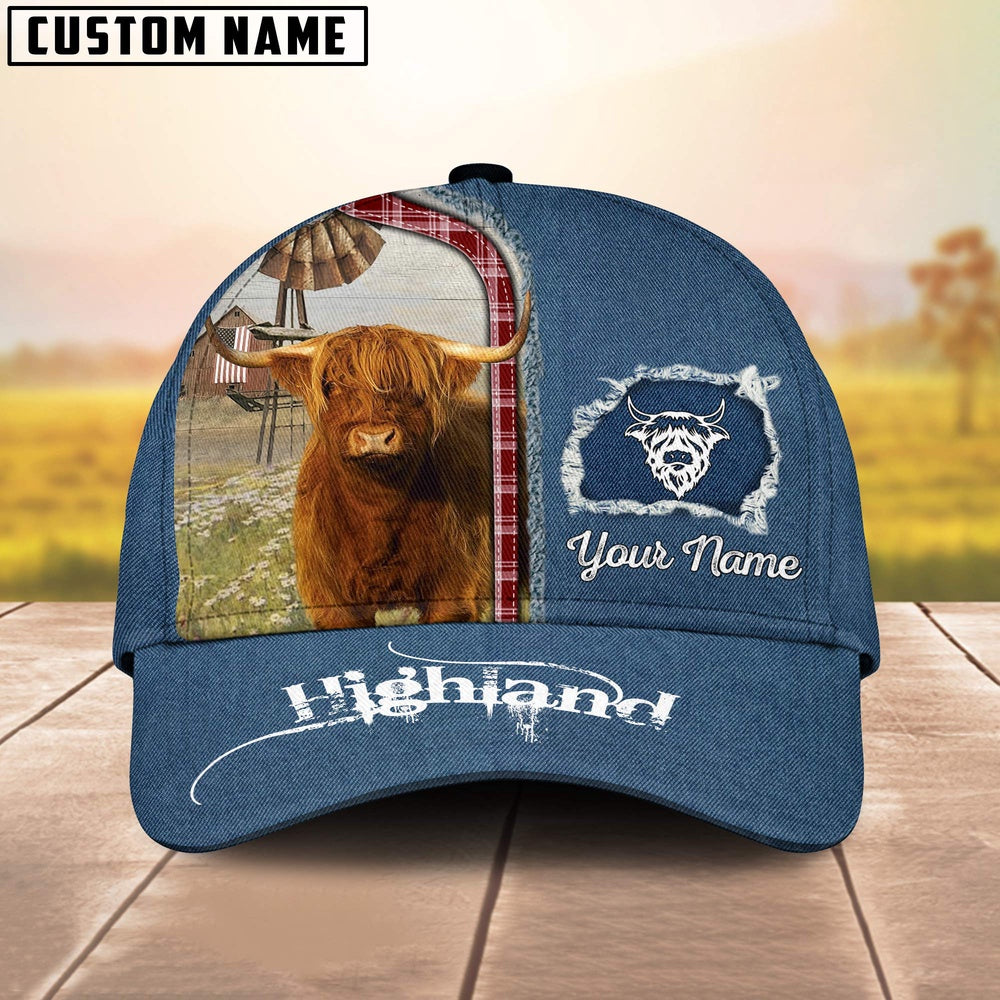 Custom Name And Cattle Breeds Highland Jean Pattern Classic Cap, Farmer Cap, Vintage Farmer Hat, Mens Farmer Hats, Cap For Farmers