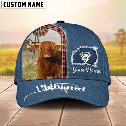 Custom Name And Cattle Breeds Highland Jean Pattern Classic Cap, Farmer Cap, Vintage Farmer Hat, Mens Farmer Hats, Cap For Farmers