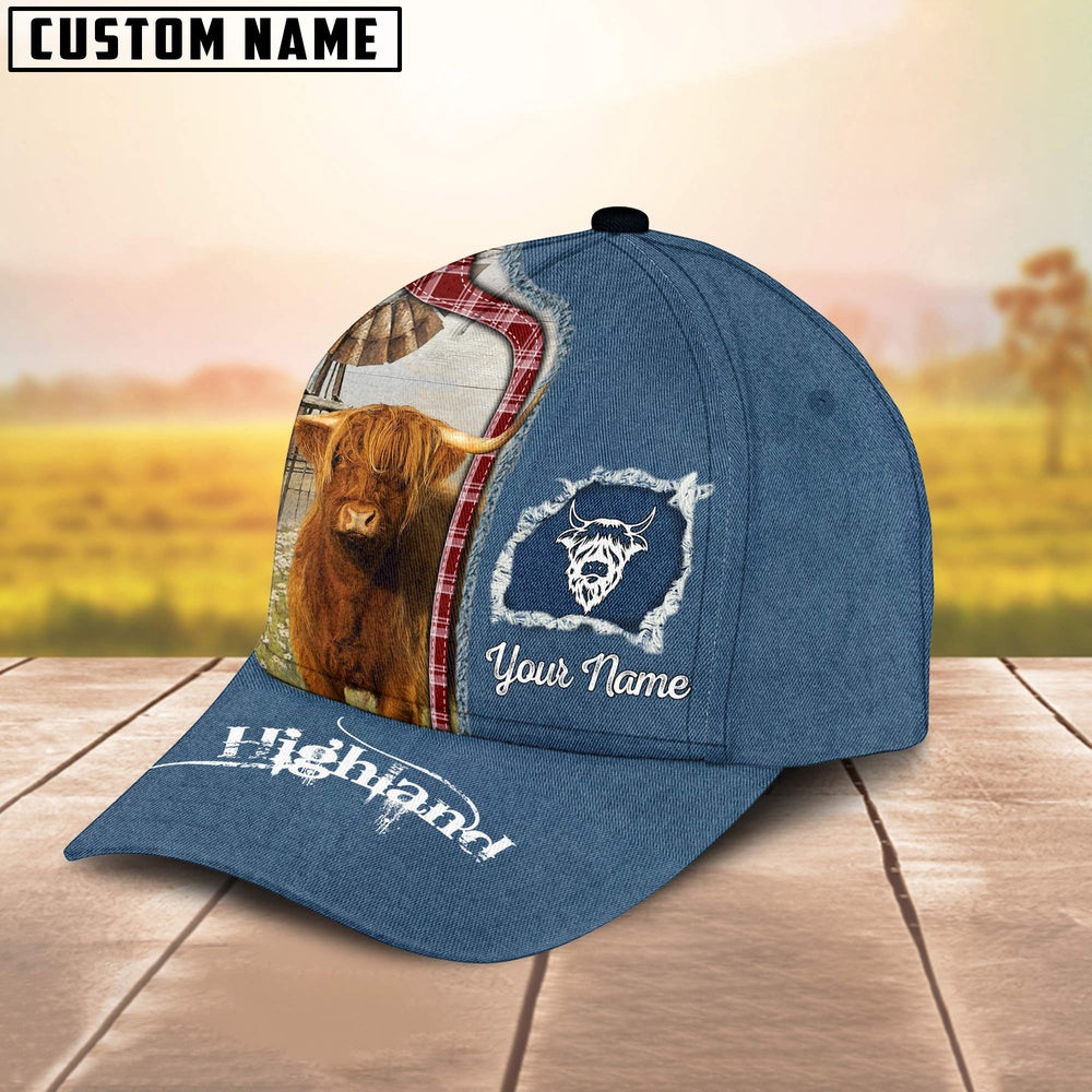 Custom Name And Cattle Breeds Highland Jean Pattern Classic Cap, Farmer Cap, Vintage Farmer Hat, Mens Farmer Hats, Cap For Farmers