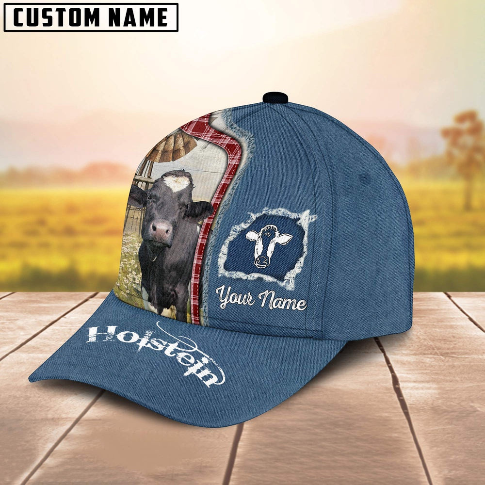 Custom Name And Cattle Breeds Holstein Jean Pattern Classic Cap, Farmer Cap, Vintage Farmer Hat, Mens Farmer Hats, Cap For Farmers