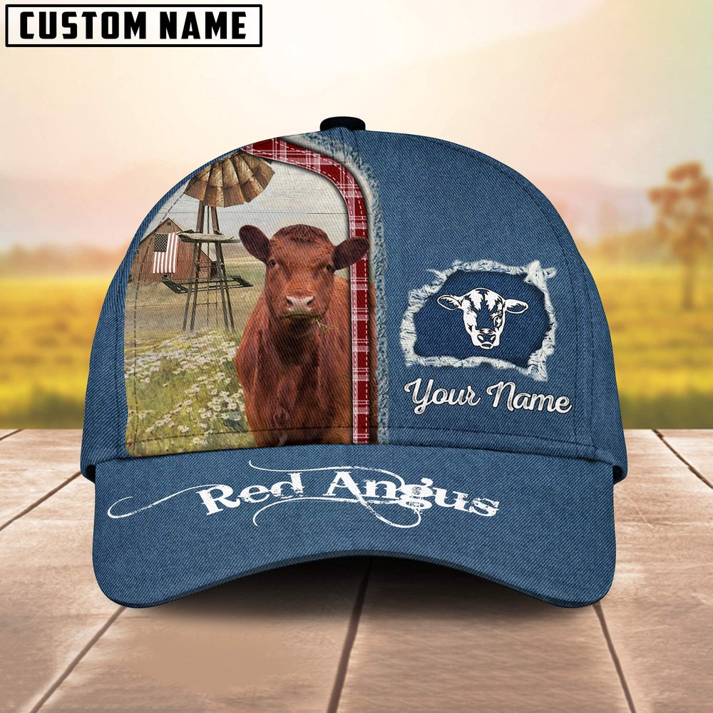 Custom Name And Cattle Breeds Red Angus Jean Pattern Classic Cap, Farmer Cap, Vintage Farmer Hat, Mens Farmer Hats, Cap For Farmers