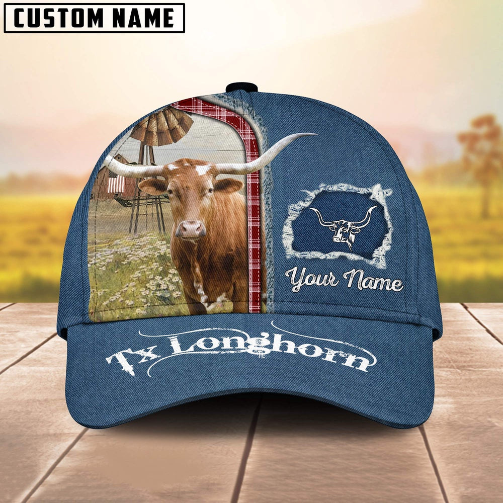 Custom Name And Cattle Breeds Texas Longhorn Jean Pattern Classic Cap, Farmer Cap, Vintage Farmer Hat, Mens Farmer Hats, Cap For Farmers