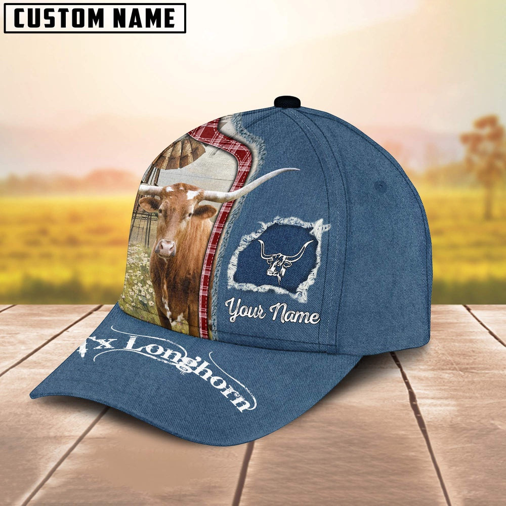 Custom Name And Cattle Breeds Texas Longhorn Jean Pattern Classic Cap, Farmer Cap, Vintage Farmer Hat, Mens Farmer Hats, Cap For Farmers
