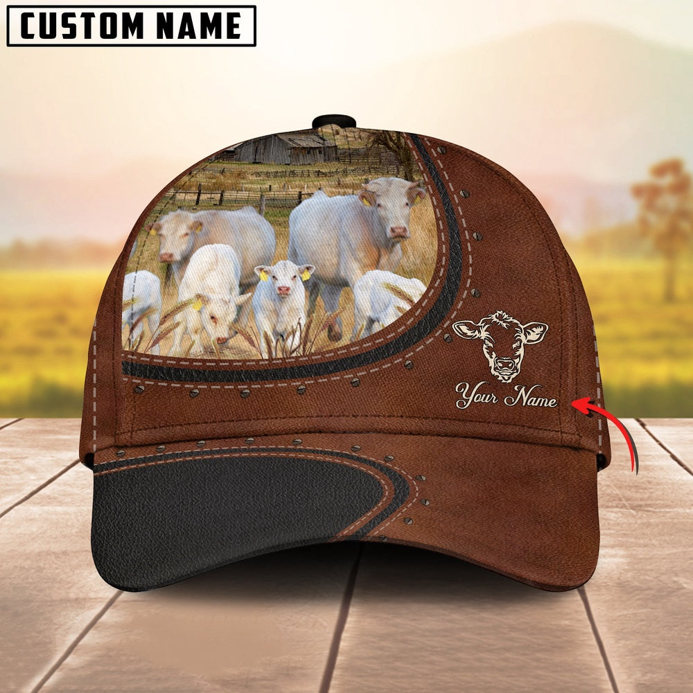 Custom Name And Charolais Cows Leather Pattern Classic Cap, Farmer Cap, Vintage Farmer Hat, Mens Farmer Hats, Cap For Farmers