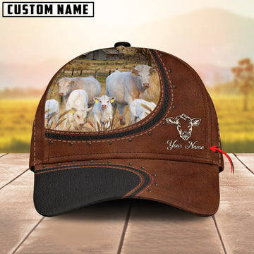 Custom Name And Charolais Cows Leather Pattern Classic Cap, Farmer Cap, Vintage Farmer Hat, Mens Farmer Hats, Cap For Farmers