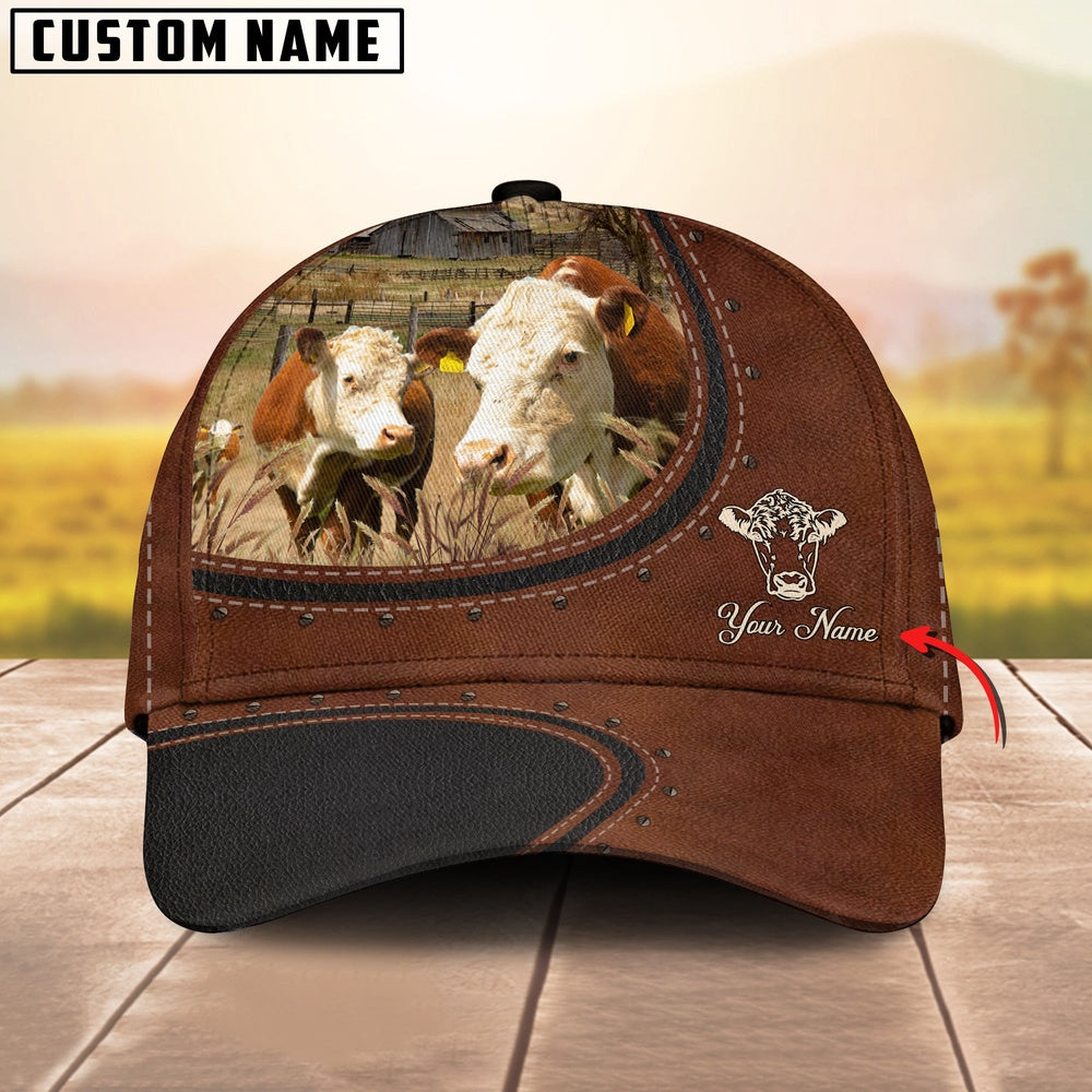 Custom Name And Hereford Cows Leather Pattern Classic Cap, Farmer Cap, Vintage Farmer Hat, Mens Farmer Hats, Cap For Farmers