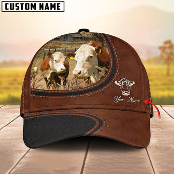 Custom Name And Hereford Cows Leather Pattern Classic Cap, Farmer Cap, Vintage Farmer Hat, Mens Farmer Hats, Cap For Farmers