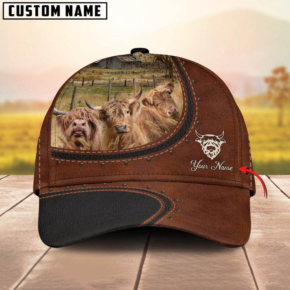 Custom Name And Highland Cows Leather Pattern Classic Cap, Farmer Cap, Vintage Farmer Hat, Mens Farmer Hats, Cap For Farmers