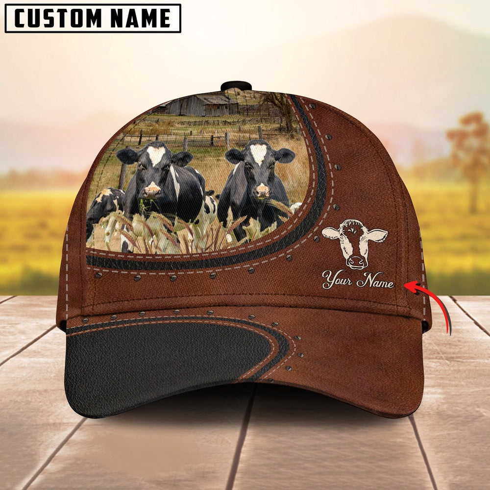 Custom Name And Holstein Cows Leather Pattern Classic Cap, Farmer Cap, Vintage Farmer Hat, Mens Farmer Hats, Cap For Farmers