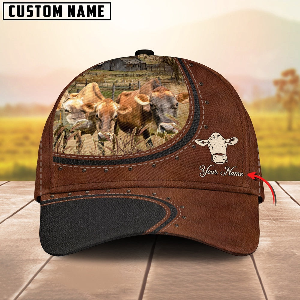 Custom Name And Jersey Cows Leather Pattern Classic Cap, Farmer Cap, Vintage Farmer Hat, Mens Farmer Hats, Cap For Farmers
