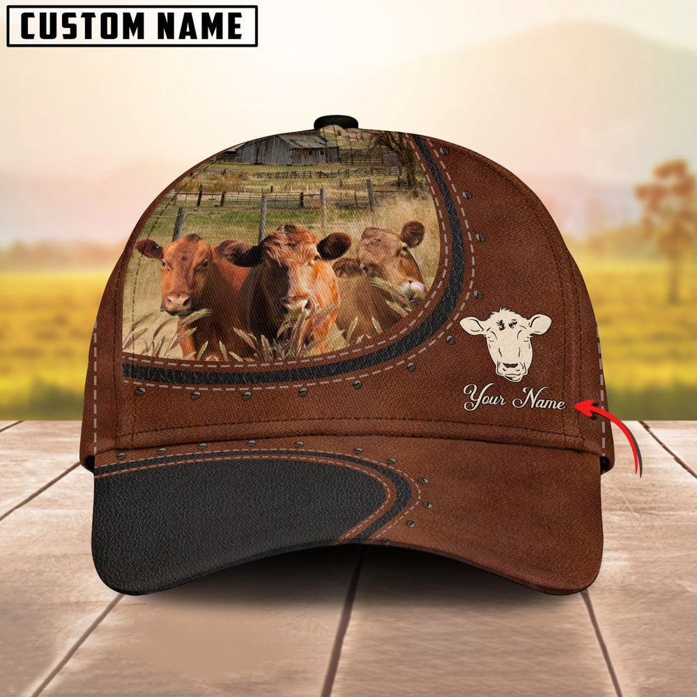 Custom Name And Red Angus Cows Leather Pattern Classic Cap, Farmer Cap, Vintage Farmer Hat, Mens Farmer Hats, Cap For Farmers