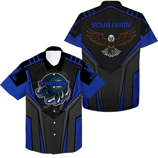 Custom Name And Team Name Bowling Hawaiian Shirt For Men, Eagle Men's Bowling Team Shirts Blue, Bowling Team Hawaiian
