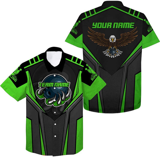 Custom Name And Team Name Bowling Hawaiian Shirt For Men, Eagle Men's Bowling Team Shirts Green, Bowling Team Hawaiian