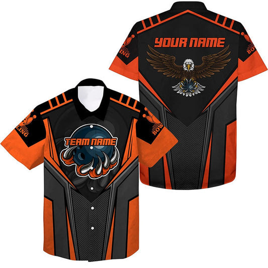 Custom Name And Team Name Bowling Hawaiian Shirt For Men, Eagle Men's Bowling Team Shirts Orange, Bowling Team Hawaiian
