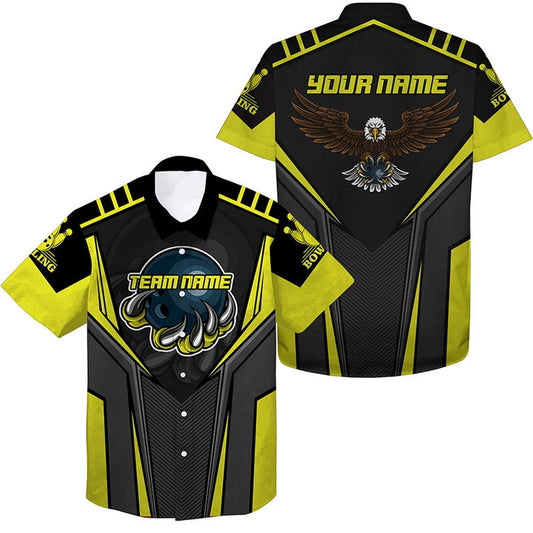 Custom Name And Team Name Bowling Hawaiian Shirt For Men, Eagle Men's Bowling Team Shirts Yellow, Bowling Team Hawaiian
