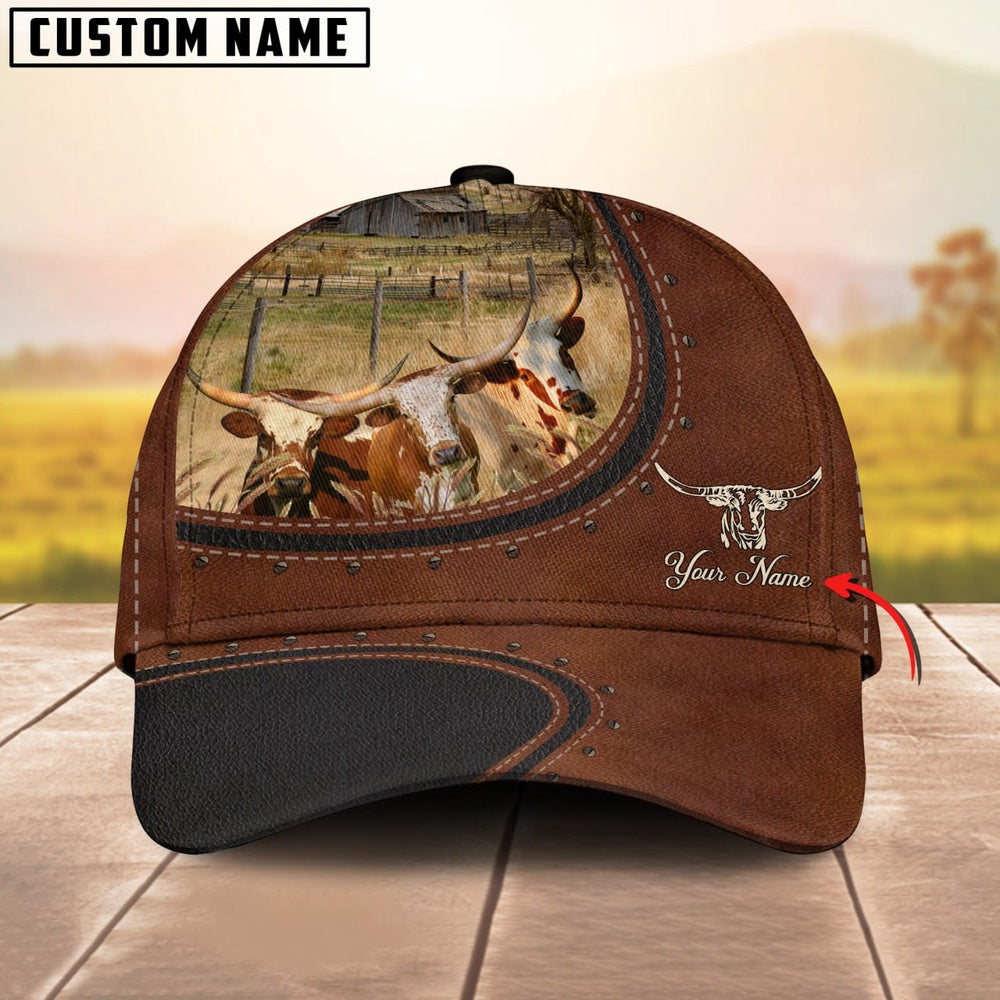 Custom Name And Texas Longhorn Cows Leather Pattern Classic Cap, Farmer Cap, Vintage Farmer Hat, Mens Farmer Hats, Cap For Farmers
