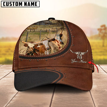 Custom Name And Texas Longhorn Cows Leather Pattern Classic Cap, Farmer Cap, Vintage Farmer Hat, Mens Farmer Hats, Cap For Farmers