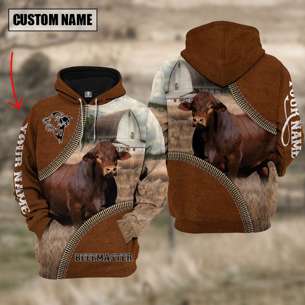 Custom Name Beefmaster Cattle Leather Zipper 3D Hoodie, Farmer Hoodie, Custom Farm Shirts, Farmer T Shirt