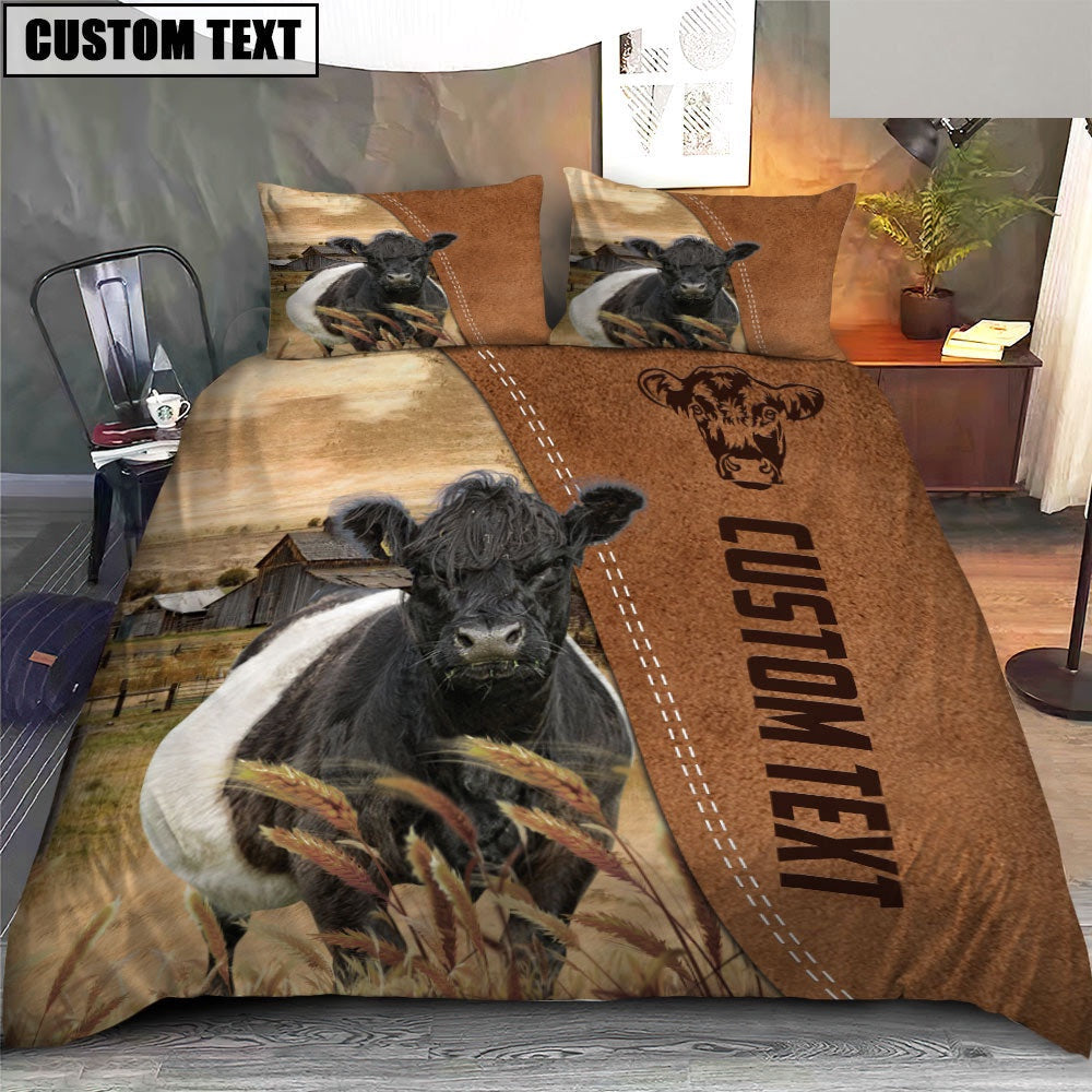 Custom Name Belted Galloway Cattle Brown Bedding Set, Farm Bedding Set, Farmhouse Bedding Set