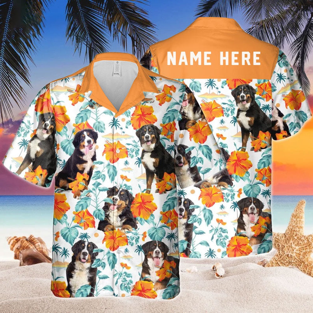Custom Name Bernese Mountain Hibiscus Flowers All 3D Printed Hawaiian shirt, Farm Hawaiian Shirt, Farmer Hawaii