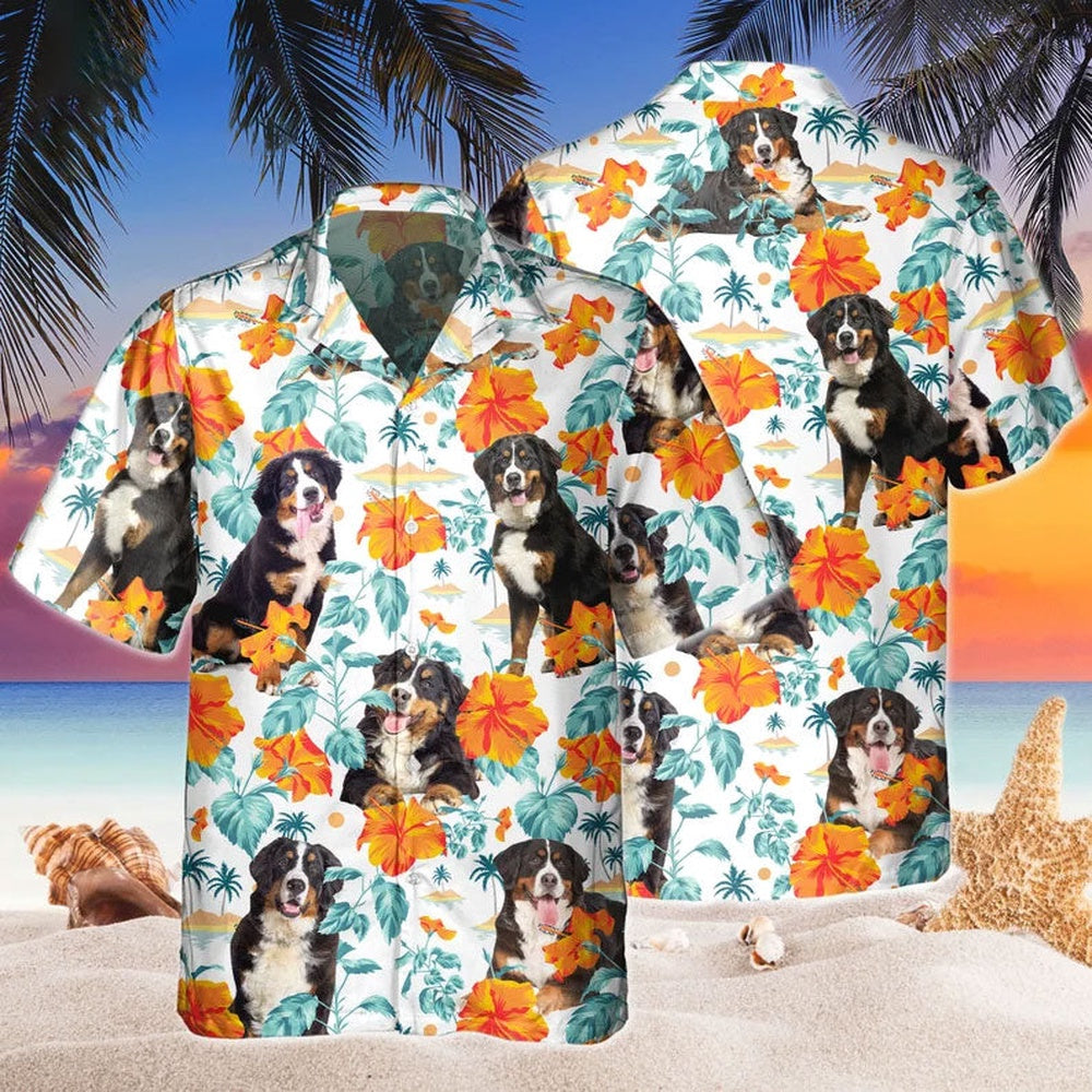 Custom Name Bernese Mountain Hibiscus Flowers All 3D Printed Hawaiian shirt, Farm Hawaiian Shirt, Farmer Hawaii