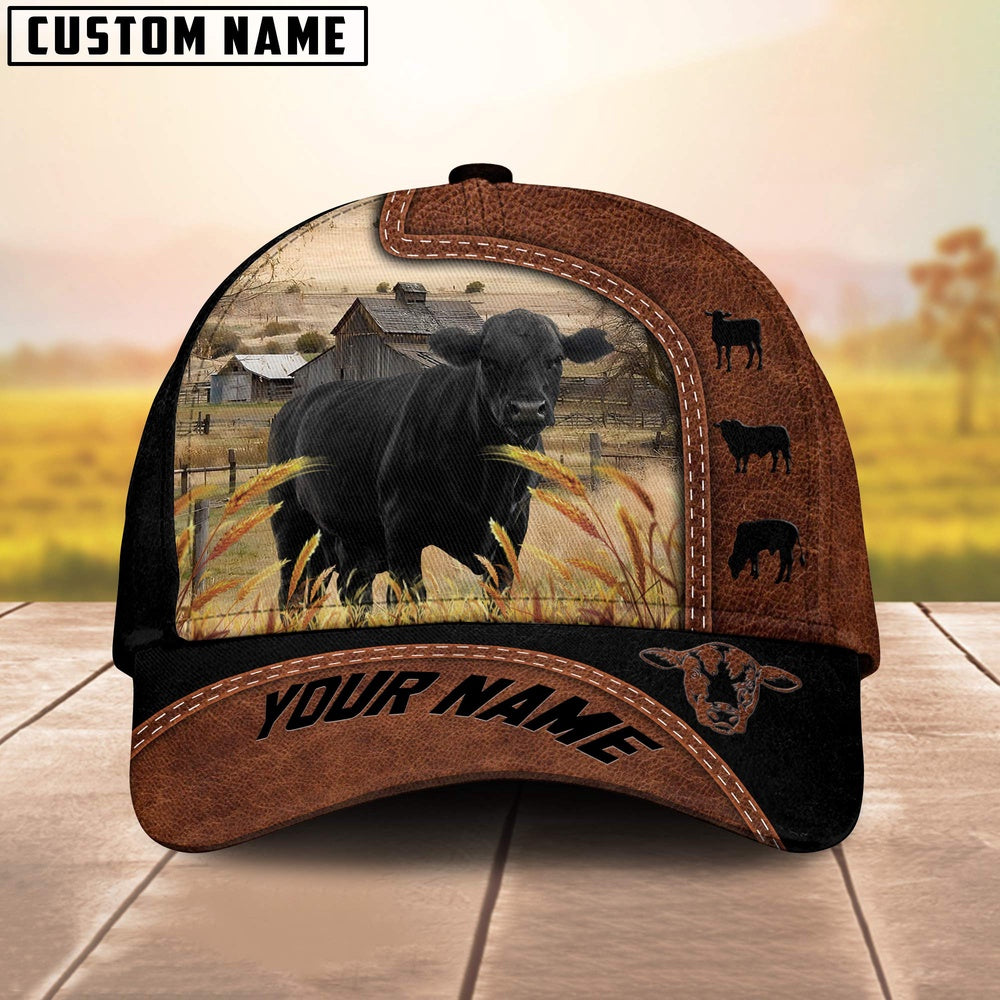 Custom Name Black Angus Brown Black Leather Pattern Cap, Farmer Cap, Vintage Farmer Hat, Mens Farmer Hats, Cap For Farmers