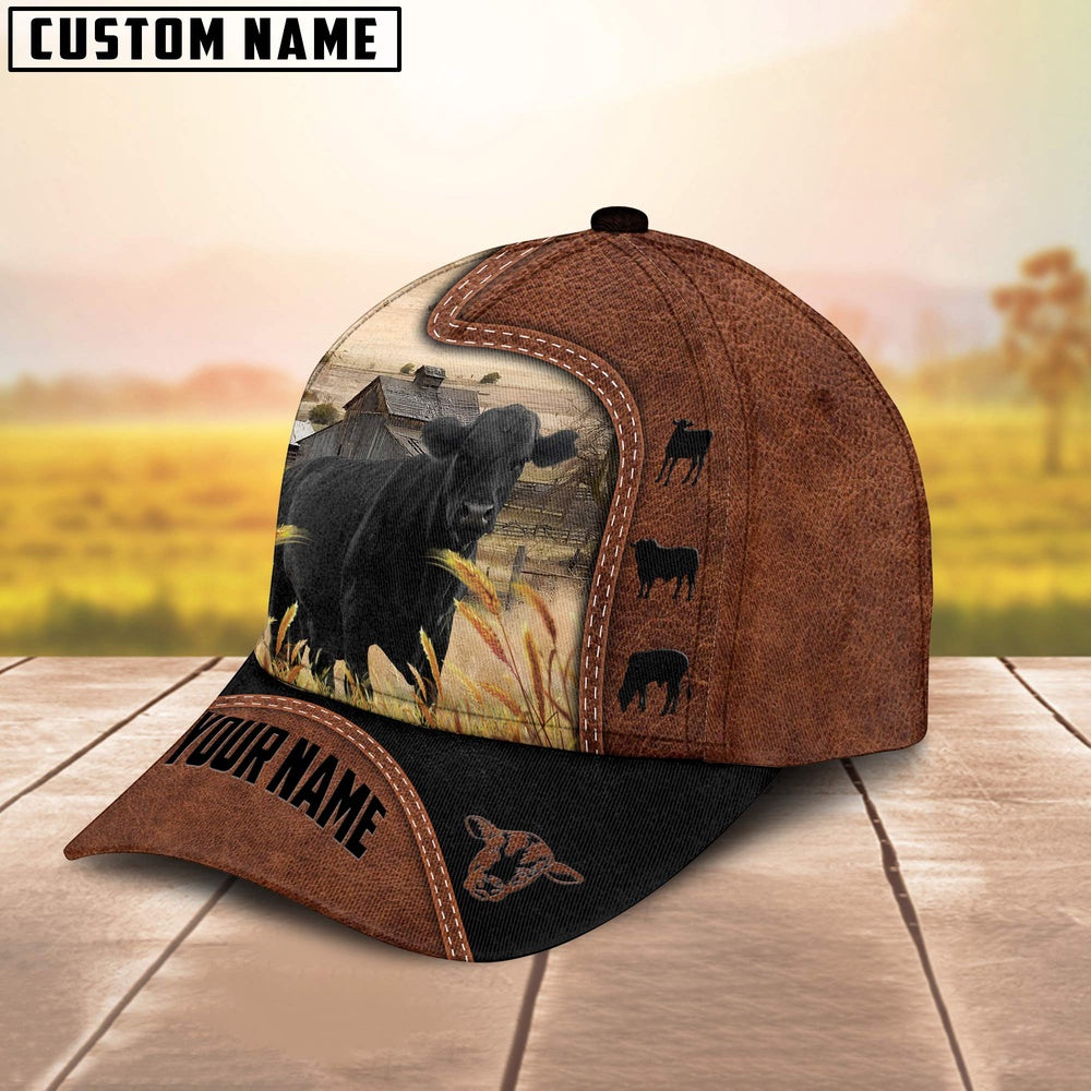 Custom Name Black Angus Brown Black Leather Pattern Cap, Farmer Cap, Vintage Farmer Hat, Mens Farmer Hats, Cap For Farmers
