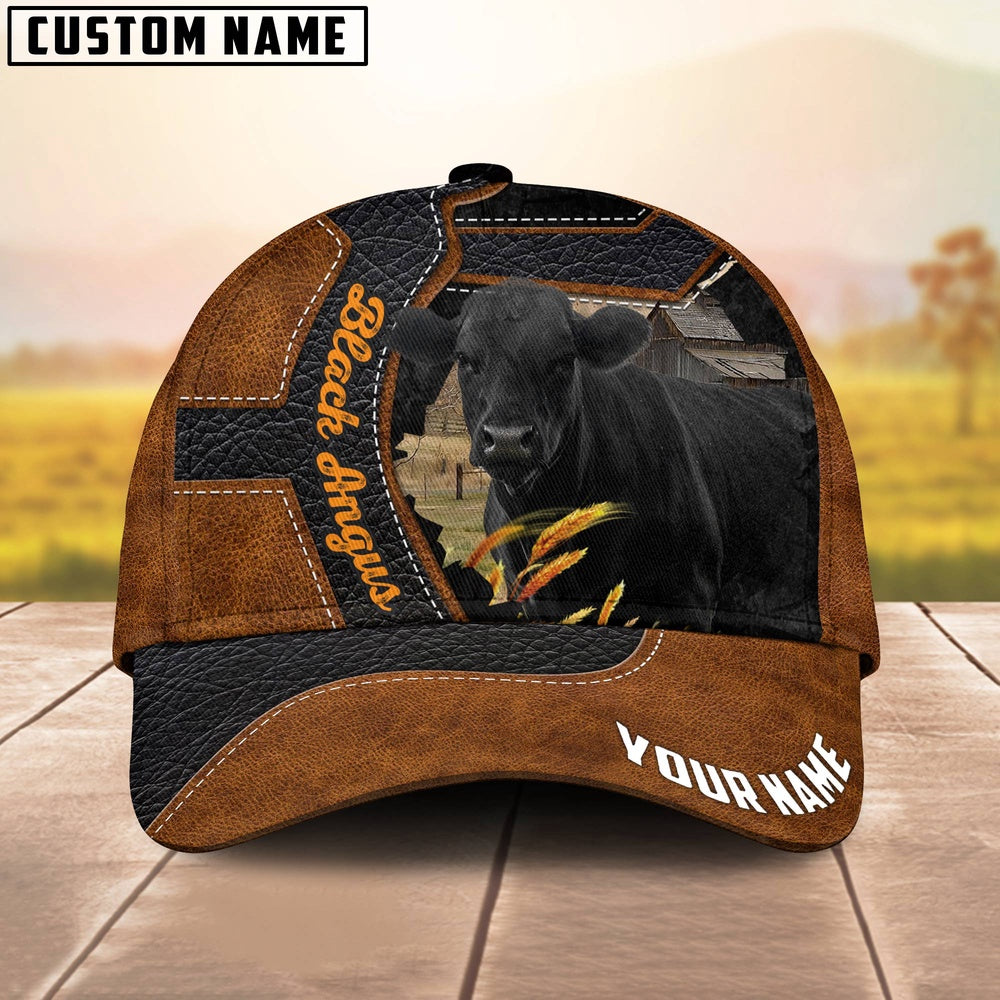 Custom Name Black Angus Brown Leather Pattern 3D Cap, Farmer Cap, Vintage Farmer Hat, Mens Farmer Hats, Cap For Farmers