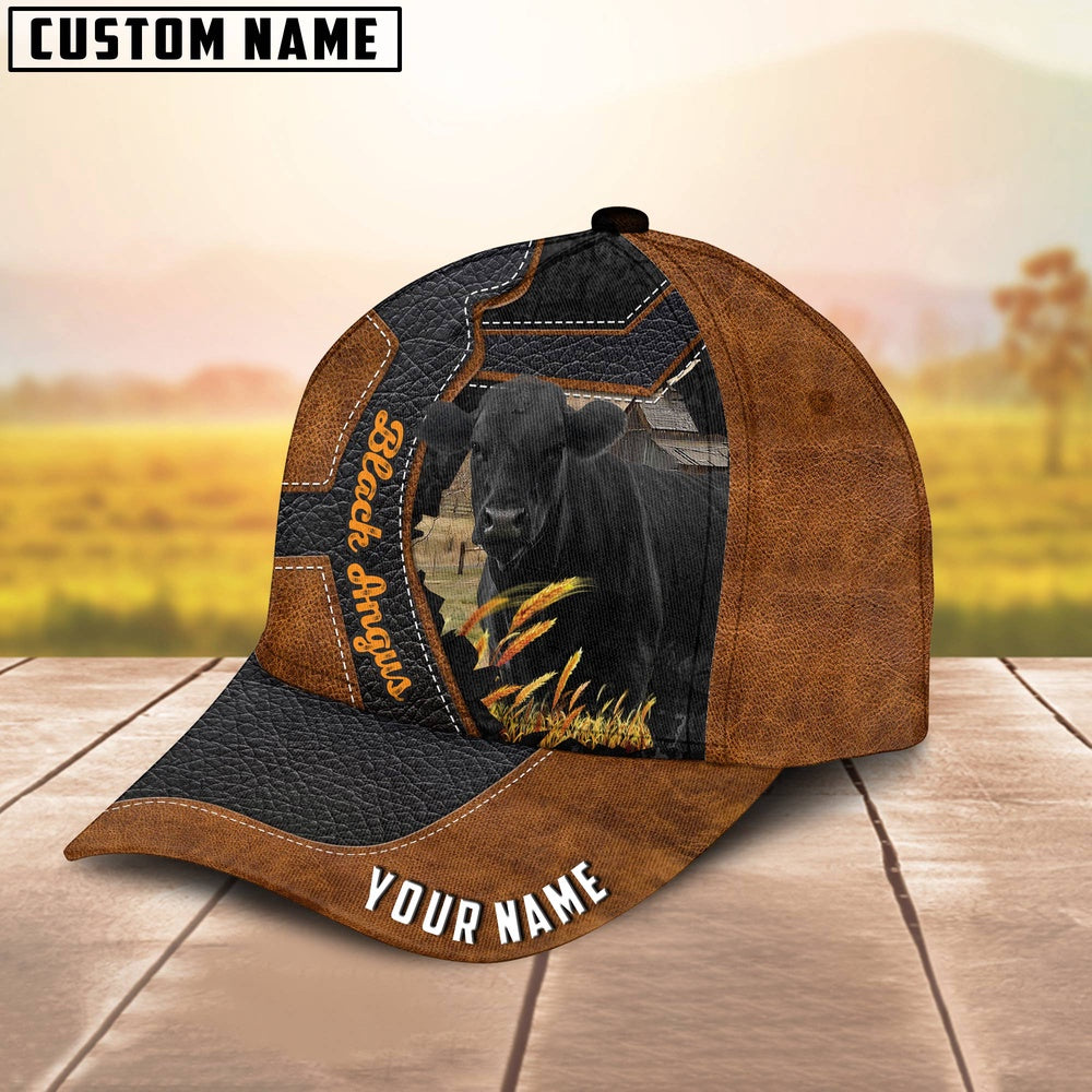 Custom Name Black Angus Brown Leather Pattern 3D Cap, Farmer Cap, Vintage Farmer Hat, Mens Farmer Hats, Cap For Farmers