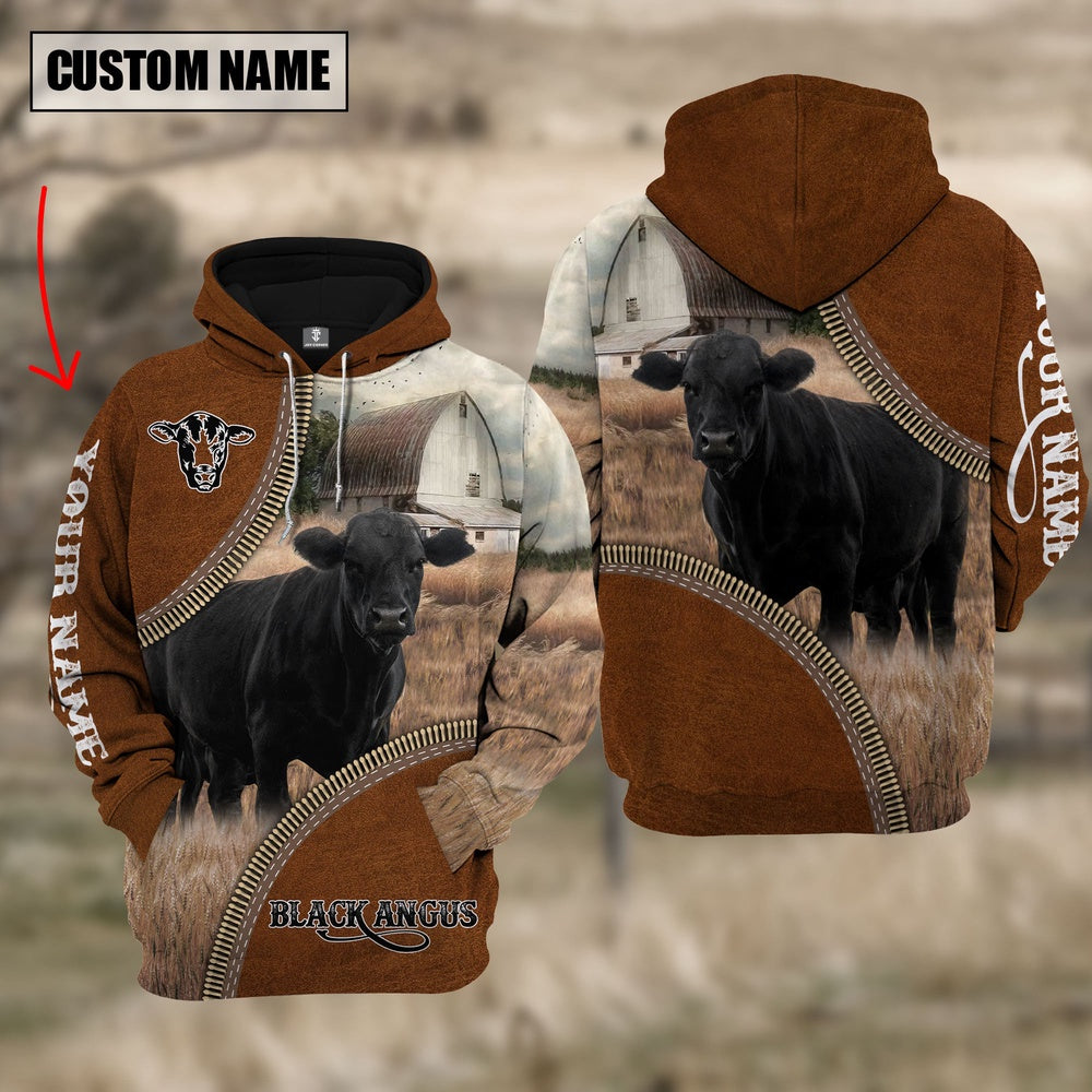 Custom Name Black Angus Cattle Leather Zipper  3D Hoodie, Farmer Hoodie, Custom Farm Shirts, Farmer T Shirt