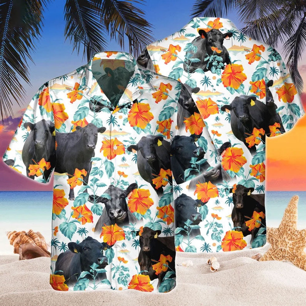 Custom Name Black Angus Hibiscus Flowers All 3D Printed Hawaiian shirt, Farm Hawaiian Shirt, Farmer Hawaii
