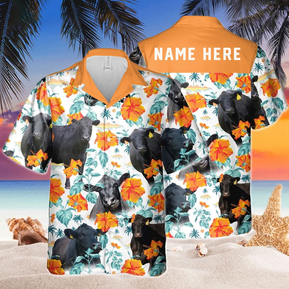 Custom Name Black Angus Hibiscus Flowers All 3D Printed Hawaiian shirt, Farm Hawaiian Shirt, Farmer Hawaii