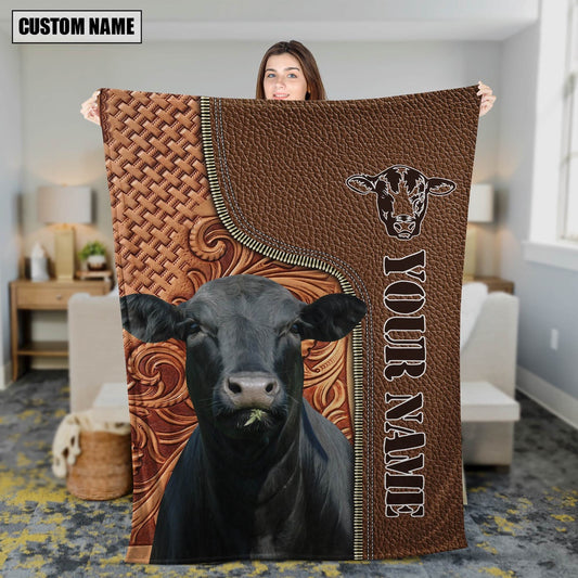 Custom Name Black Angus Leather Carving Blanket, Farm Blanket, Farm Animal Blanket
