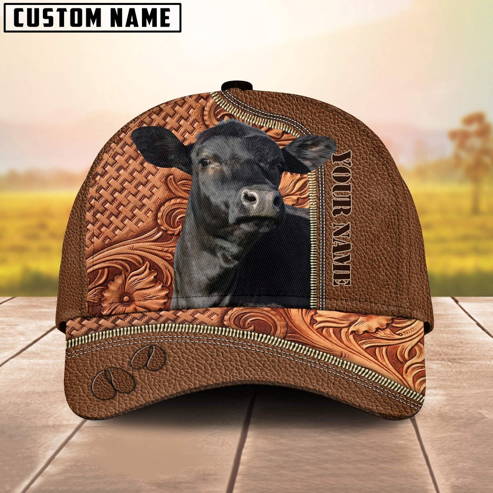Custom Name Black Angus Leather Carving Patterns Cap, Farmer Cap, Vintage Farmer Hat, Mens Farmer Hats, Cap For Farmers
