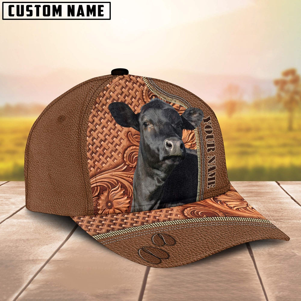 Custom Name Black Angus Leather Carving Patterns Cap, Farmer Cap, Vintage Farmer Hat, Mens Farmer Hats, Cap For Farmers